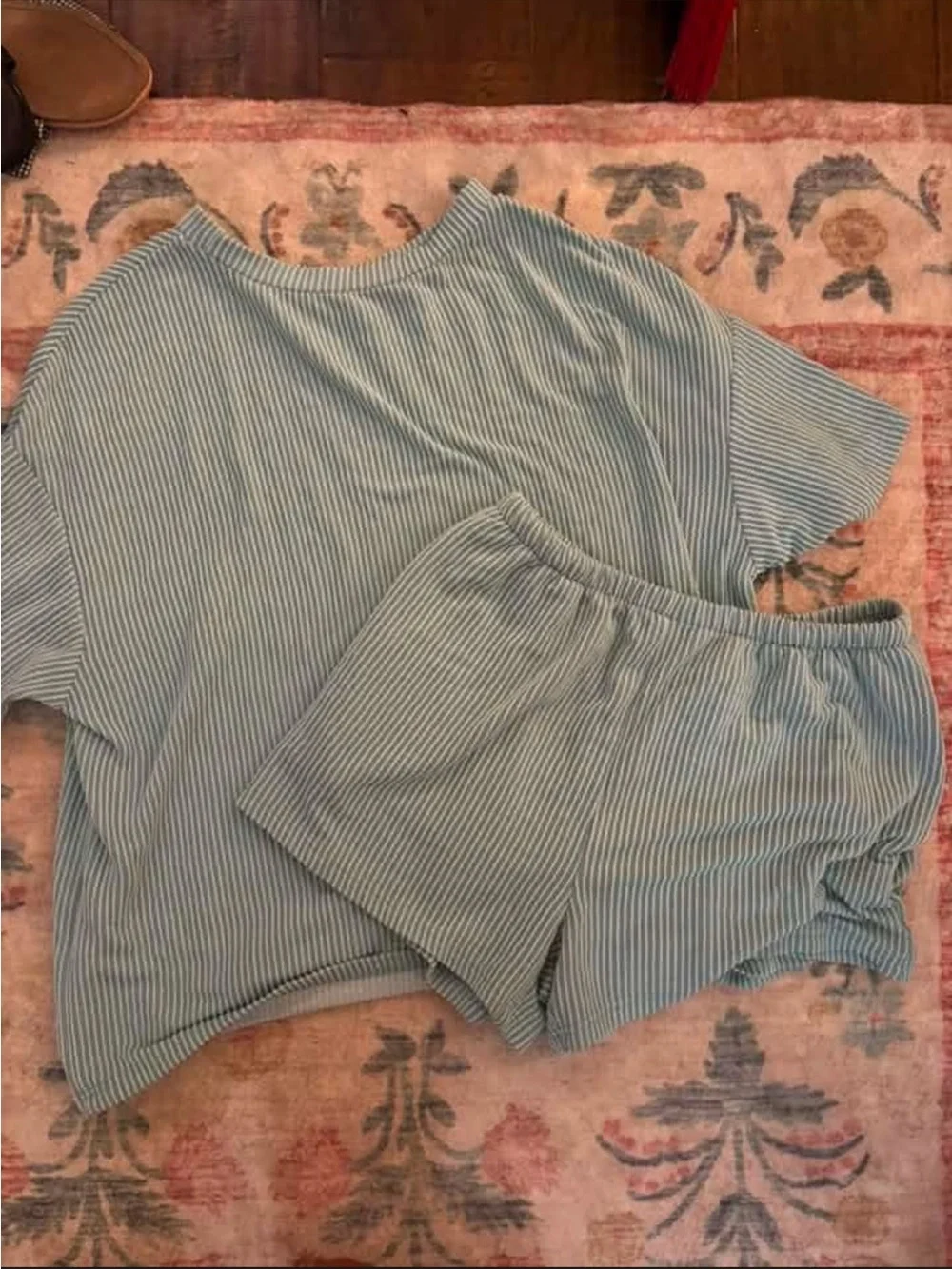 Women’s Short Sleeve and Short Lounge Set - Light Turquoise Stripe
